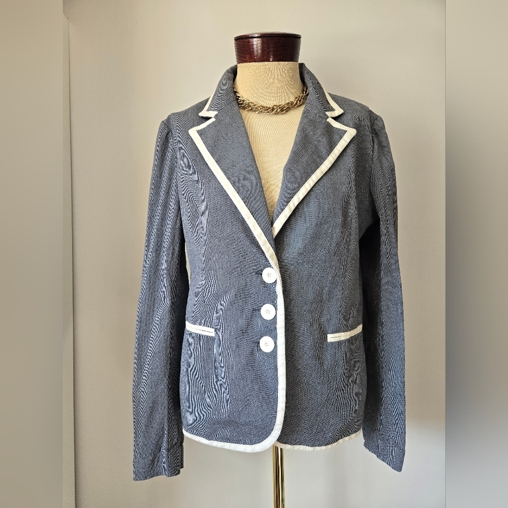 Iris Setlakwe Navy And White Micro Pinstripe Blazer with White Piping. Size 12